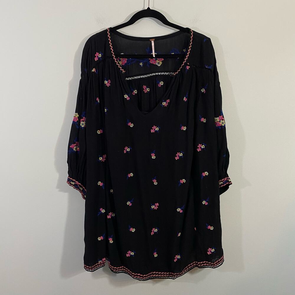 Free People Black Mini Dress with Pink Floral Embroidery